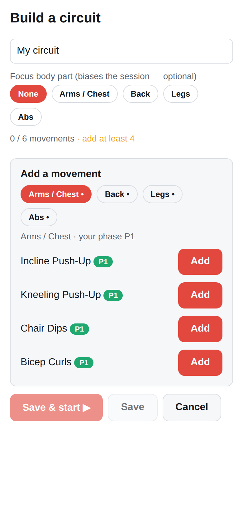 Build a circuit: four to six movements at your phase.